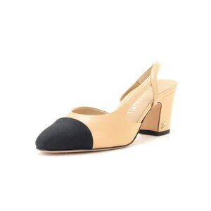 CHANEL Goatskin Grosgrain Cap Toe CC Slingback Pumps Size 37 (7 US) NEVER WORN